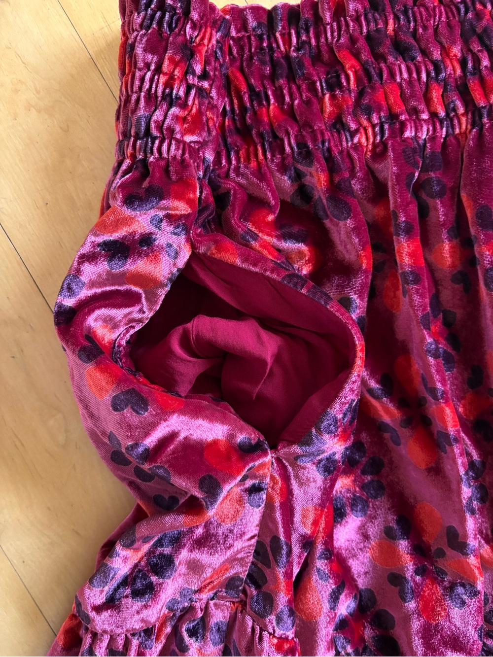 The Somerset Maxi Skirt Anthro Velvet Tiered Pink Multi Floral Pockets Small - Picture 6 of 9